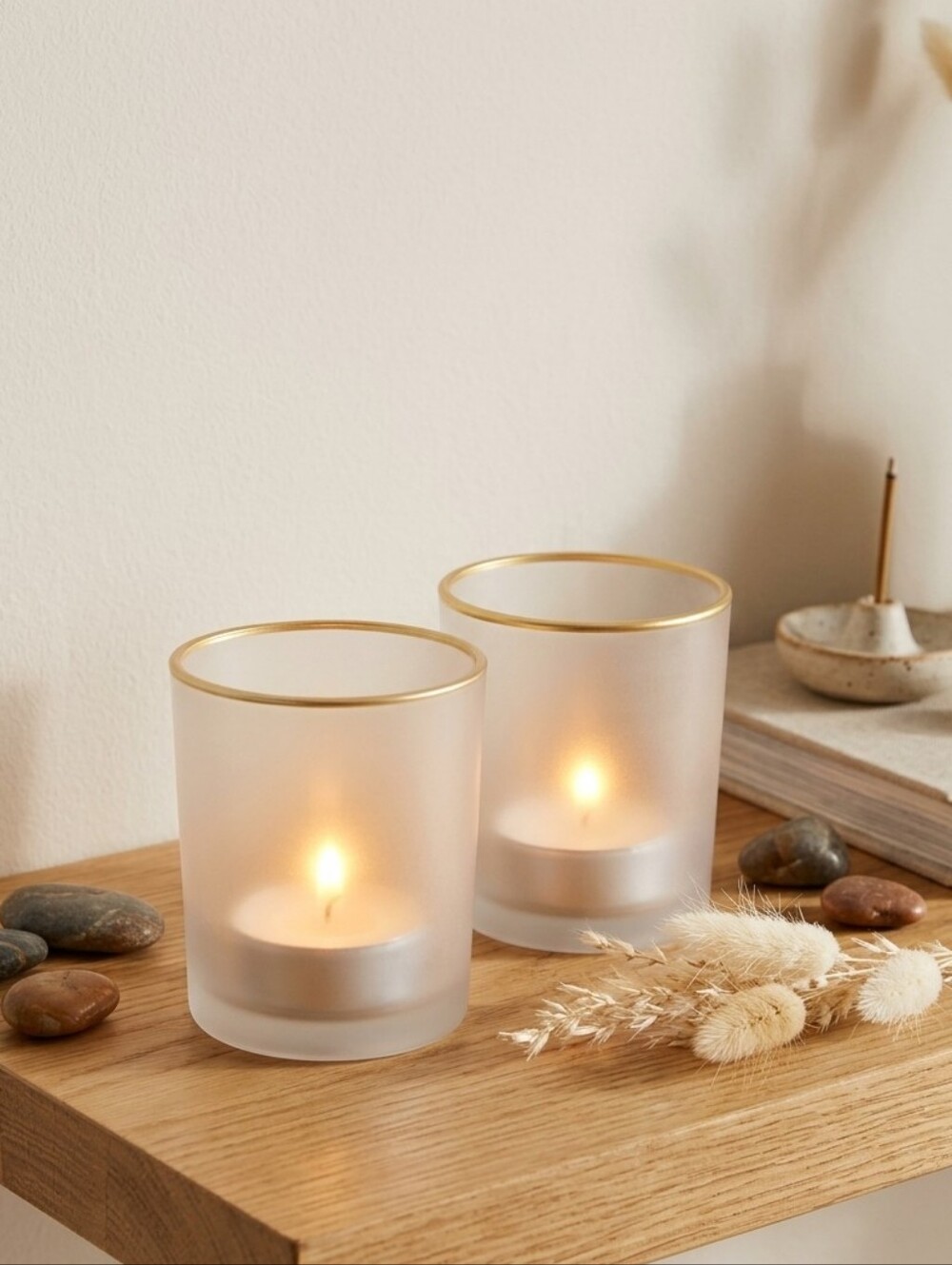 Pair of frosted & gold candle tea light holders